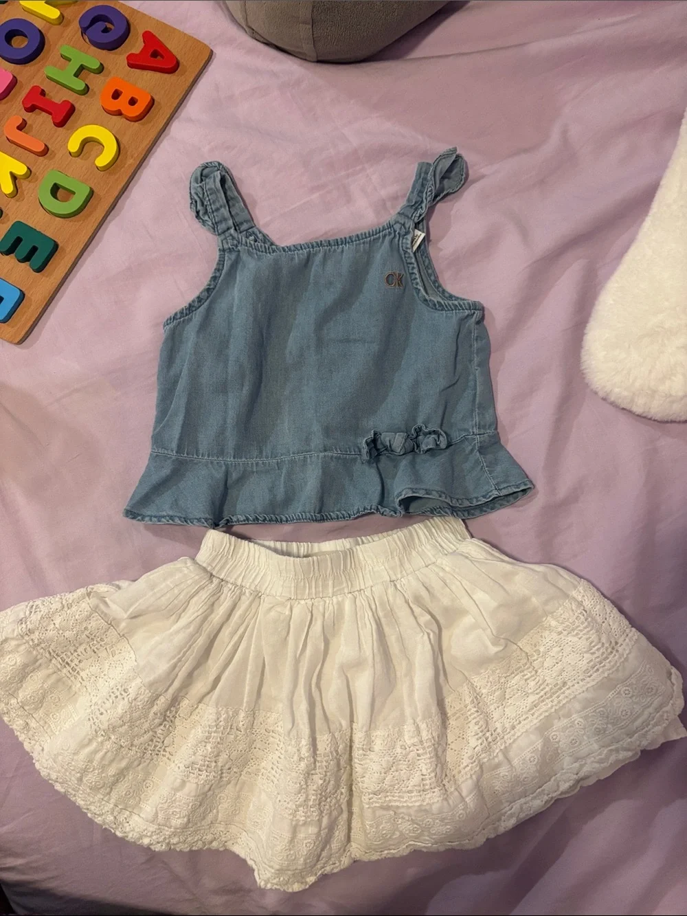 Girls Calvin Klein Set White Eyelet Skort and Denim Tank Top